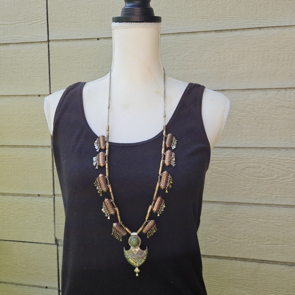 Free People heavy long multi-metal necklace with green cabochon - Picture 1 of 5